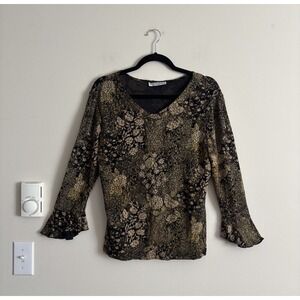 Vintage‎ Y2K 90s 2000s Whimsigoth Stretch Top Flutter Sleeve Black Brown Medium